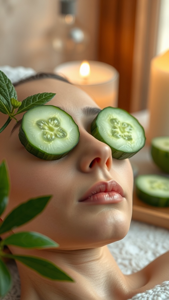Person relaxing with cucumber slices on their eyes, surrounded by candles and greenery.