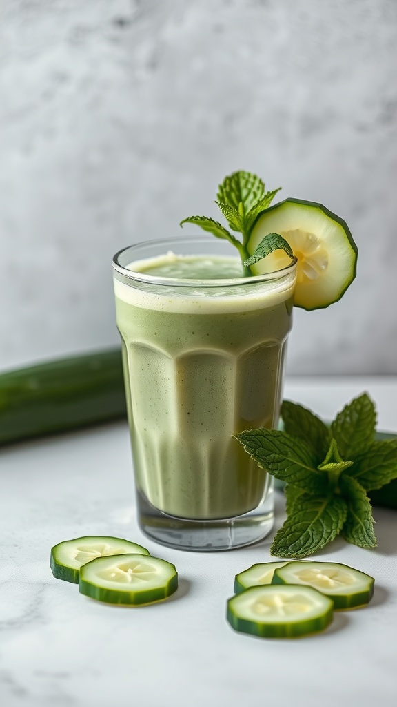 A refreshing cucumber mint smoothie in a glass with cucumber slices and mint leaves.