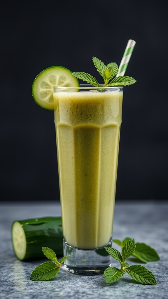A refreshing cucumber mint cooler smoothie in a tall glass, garnished with mint leaves and a cucumber slice.