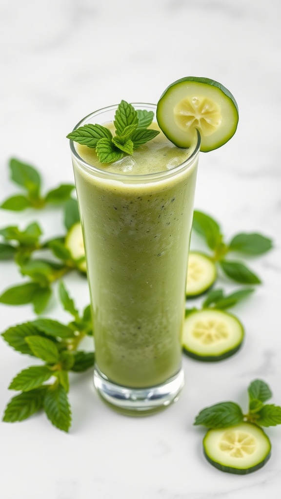 A refreshing cucumber mint smoothie in a tall glass, garnished with mint leaves and cucumber slices.