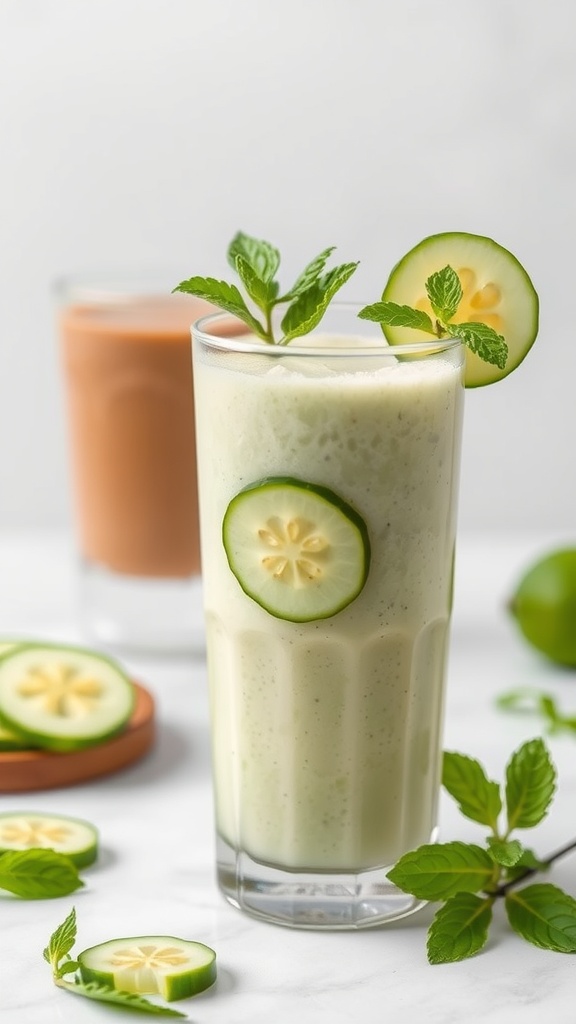 A refreshing cucumber mint smoothie in a glass with mint leaves and cucumber garnish.