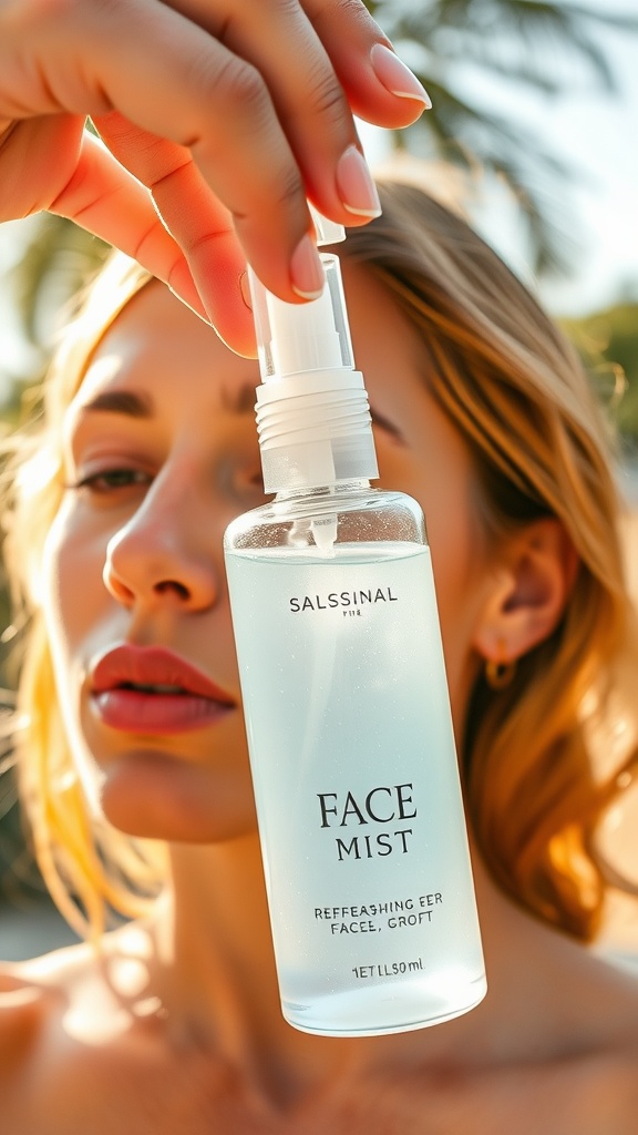 A woman holding a bottle of face mist, showcasing its refreshing qualities