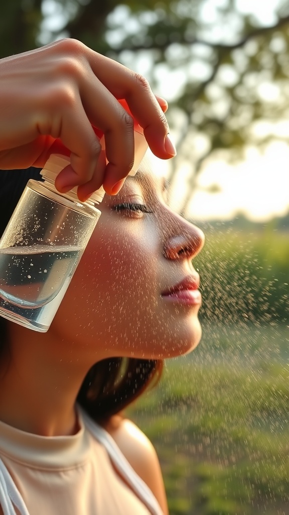 A woman using a refreshing facial mist outdoors, looking relaxed and revitalized.