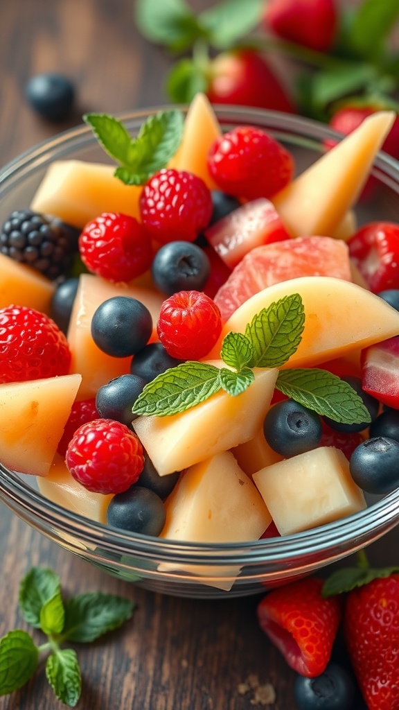 A colorful bowl of mixed fruit salad with strawberries, blueberries, raspberries, and melon.