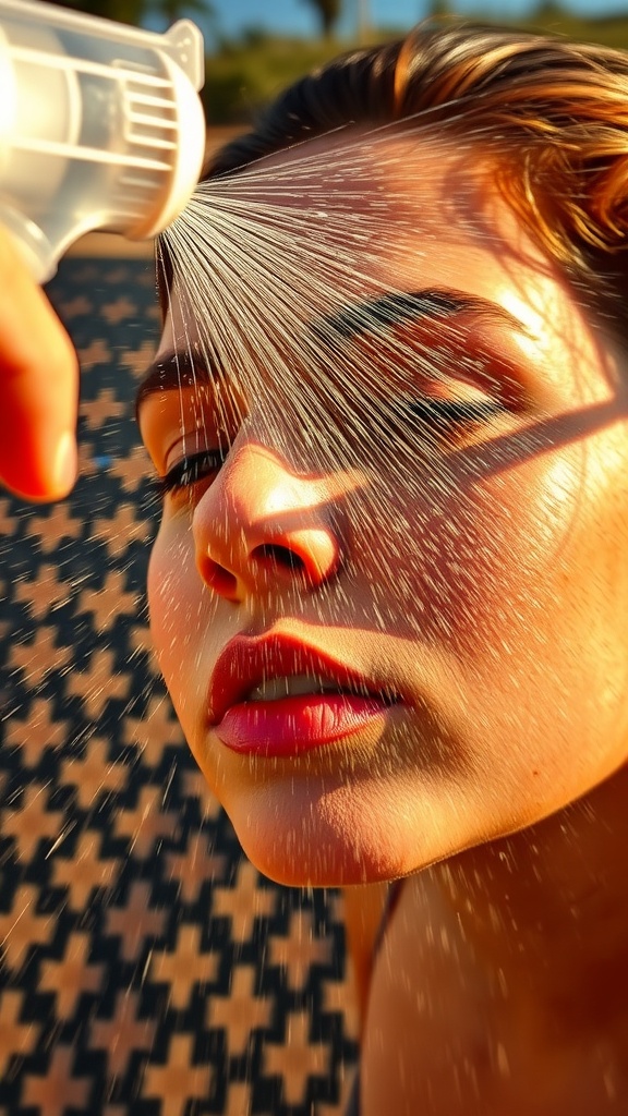 A close-up of a person spraying a hydration mist on their face, showcasing the refreshing effect