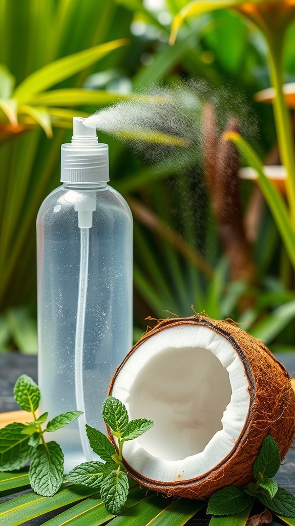 A spray bottle of facial mist beside a halved coconut and fresh mint leaves, set against a lush green background.