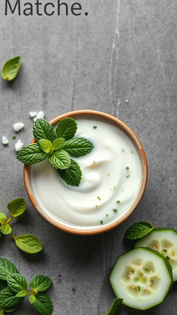 A bowl of mint yogurt sauce with fresh mint and cucumber slices.