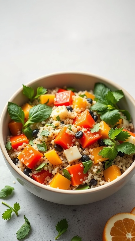 A colorful quinoa salad with bell peppers, black beans, and fresh herbs in a bowl.