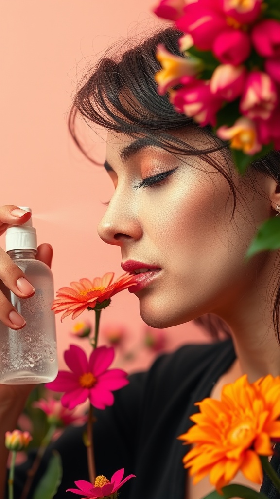 A woman spritzing a facial mist surrounded by colorful flowers.