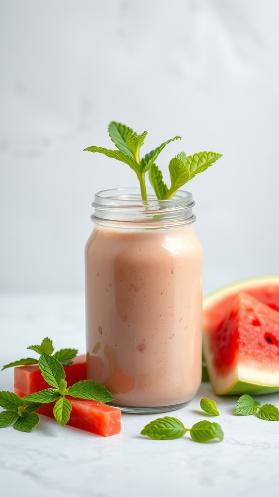 A refreshing watermelon mint cooler in a jar with mint leaves