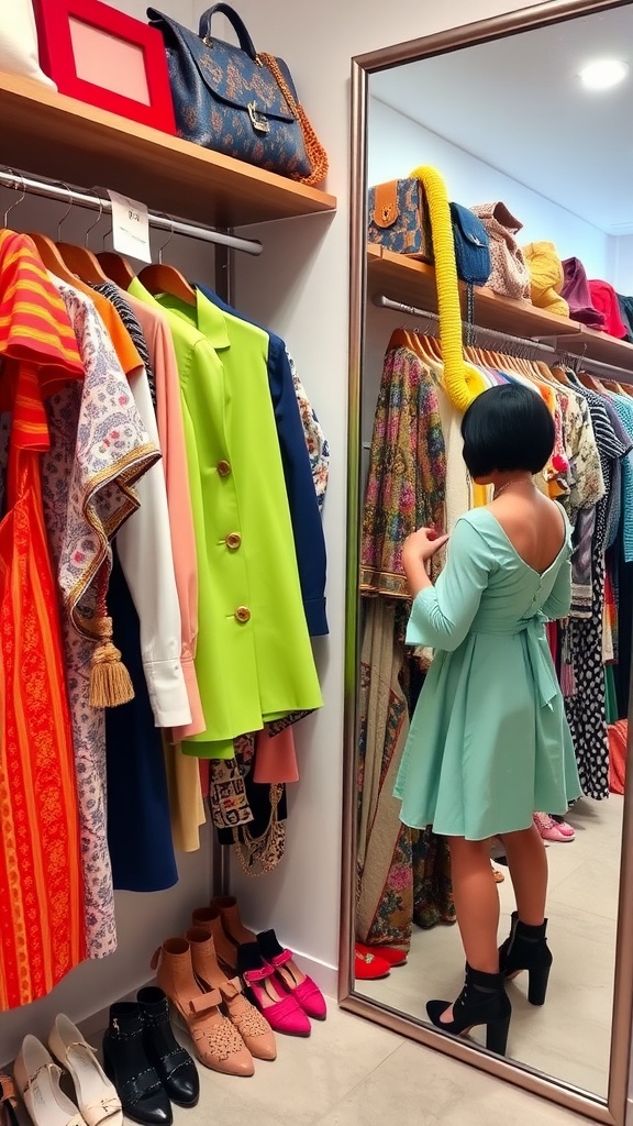 Two friends browsing colorful clothes in a stylish store