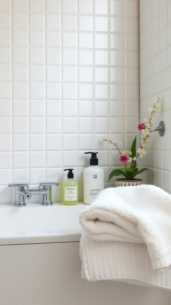 A neat bathroom scene with white tiles, a few skincare products, and a soft towel, creating a soothing atmosphere.