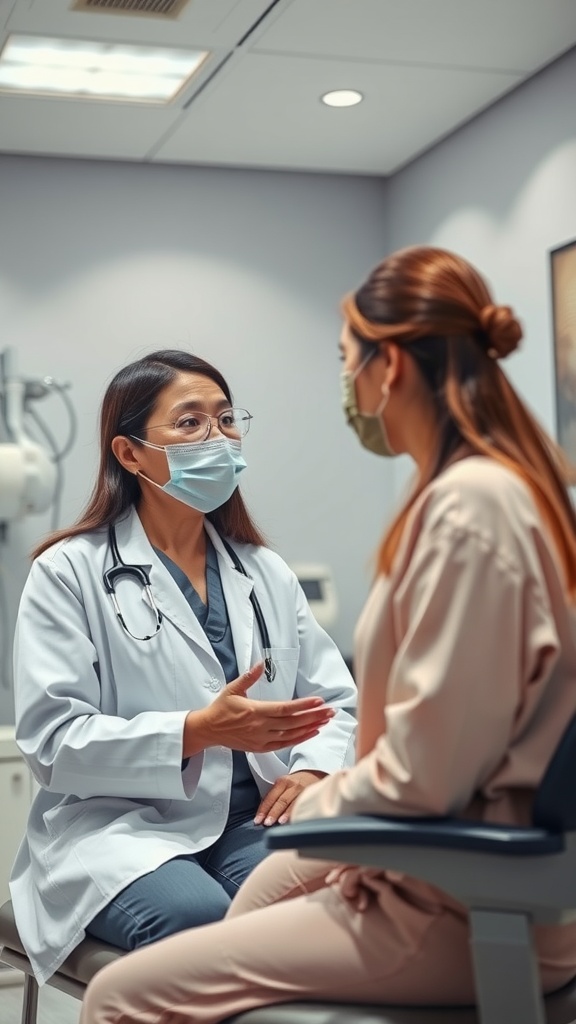 A dermatologist consulting with a patient in a medical office.