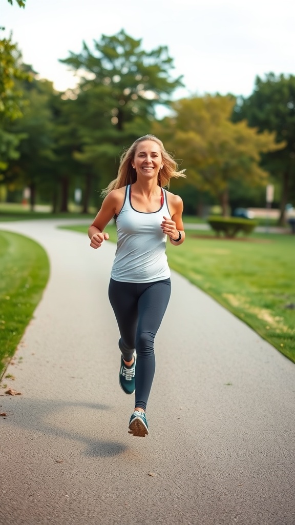 A woman jogging in a park, smiling and enjoying her exercise