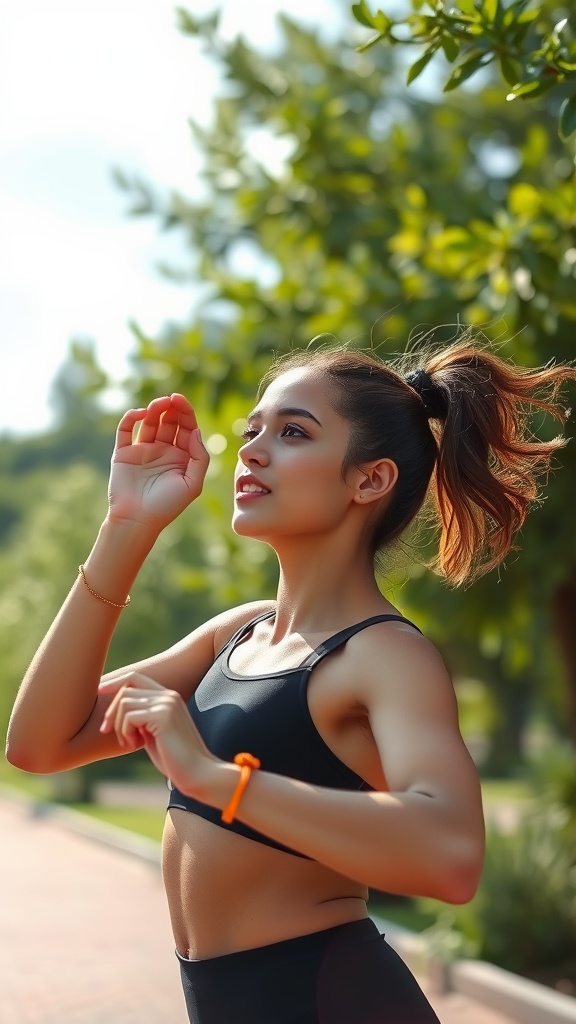 A woman jogging outdoors in a sunny park, emphasizing the importance of exercise for skin health.
