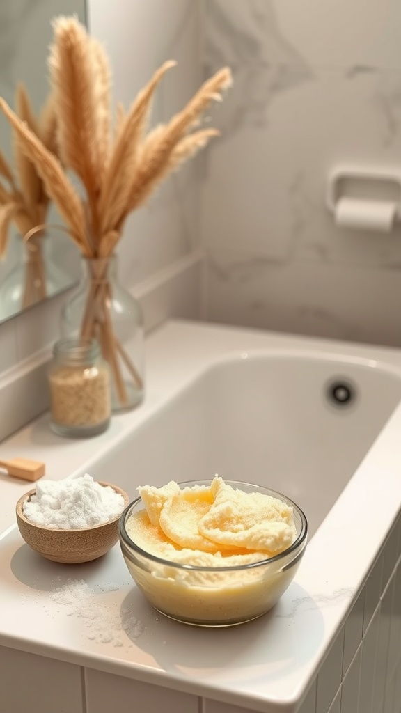 A cozy bathroom countertop featuring a bowl of exfoliating scrub, a bowl of salt, and dried plants, suggesting a natural skincare routine.