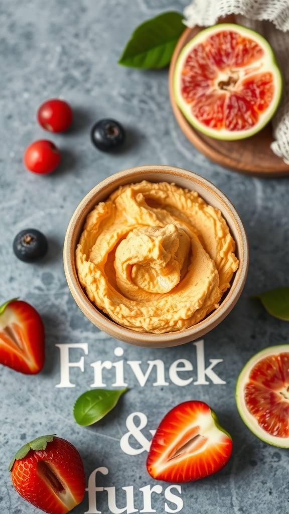 A bowl of creamy dip surrounded by fresh fruits on a textured surface.
