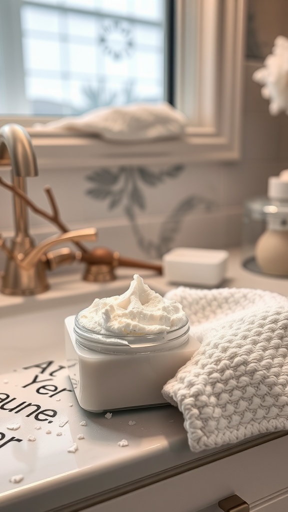 A jar of creamy skincare product on a bathroom countertop with a towel nearby.