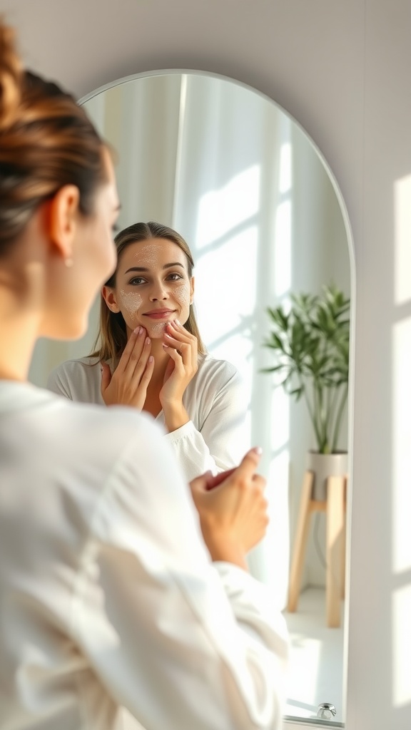A woman applying an exfoliating product to her face while looking in the mirror, representing skincare routine.