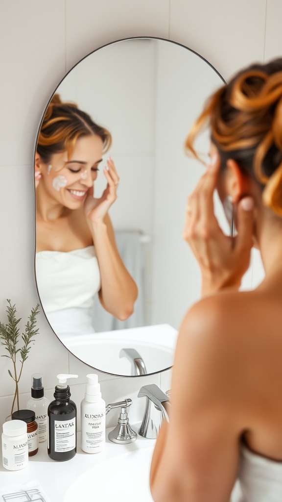 A woman applying skincare product in front of a mirror with various skincare containers on the counter.