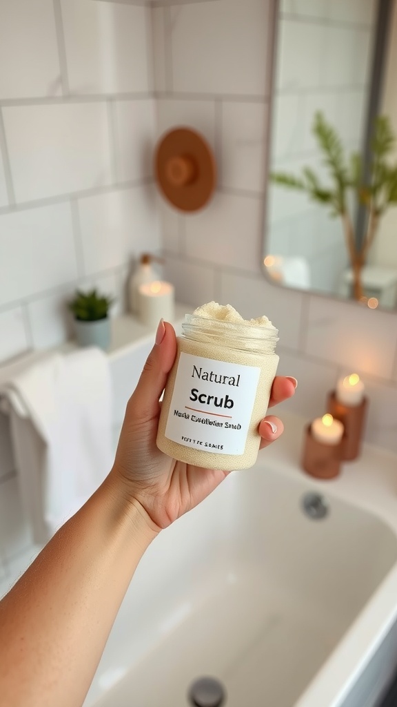 A hand holding a jar of natural scrub in a bright bathroom setting