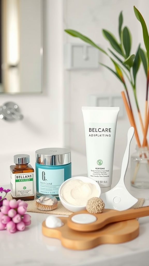 A collection of skincare products including exfoliants and moisturizers on a bathroom countertop.