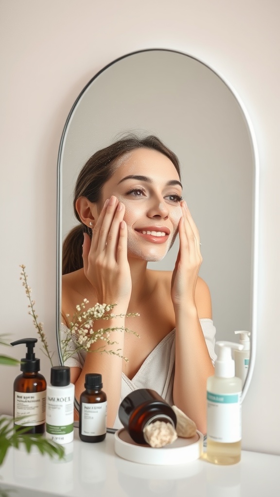 A woman applying exfoliating product to her face while smiling at her reflection in the mirror, surrounded by skincare products.