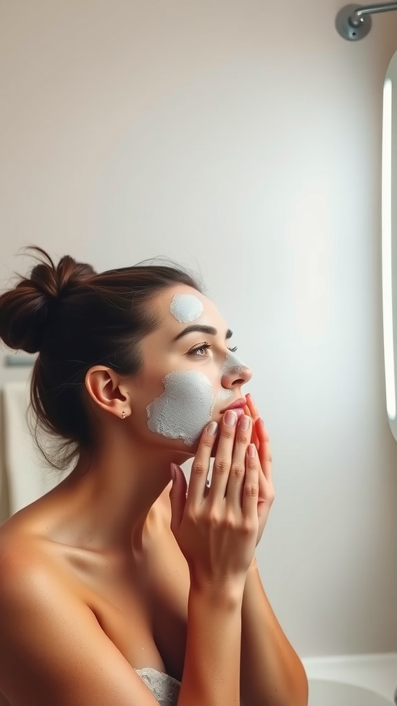 A person applying an exfoliating mask to their face in a bathroom setting.
