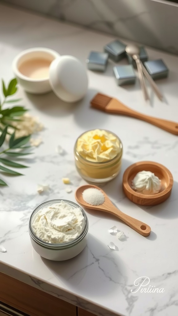 A setup of skincare products including creams, a wooden spoon with exfoliant, and decorative elements on a marble surface.