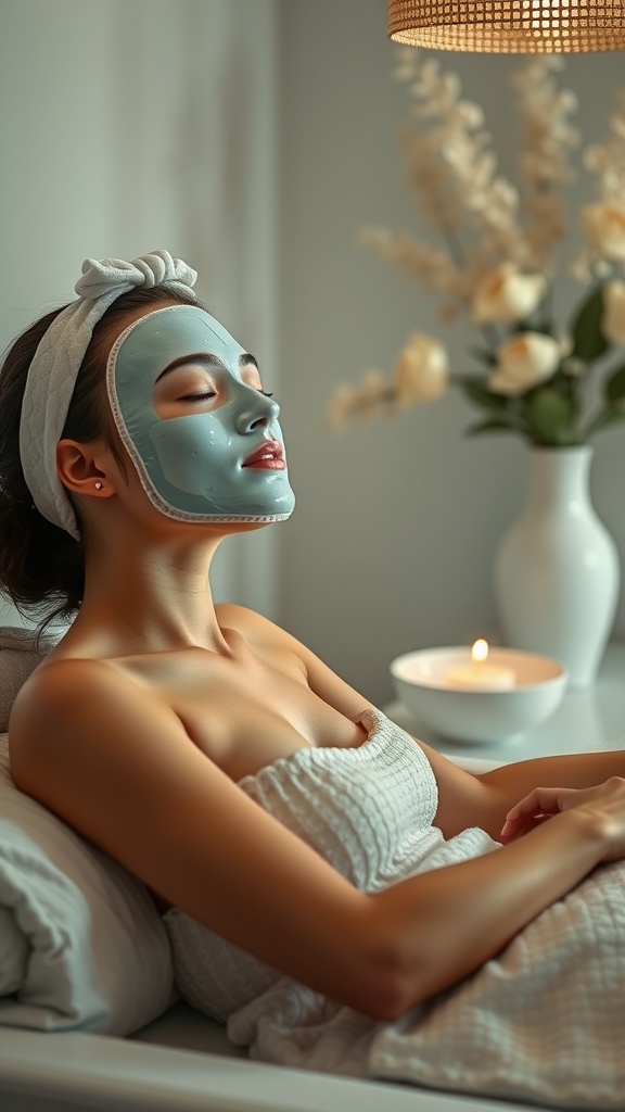 A woman relaxing with a blue face mask, surrounded by calming decor including flowers and a candle.