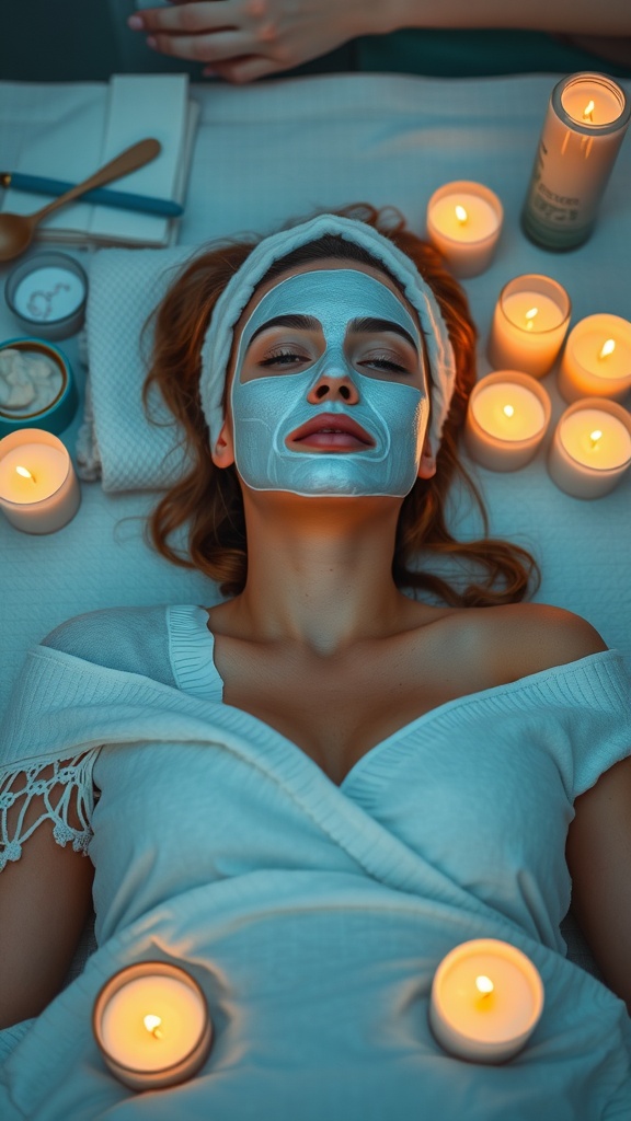 A person lying down with a clay face mask, surrounded by candles, enjoying a moment of relaxation.