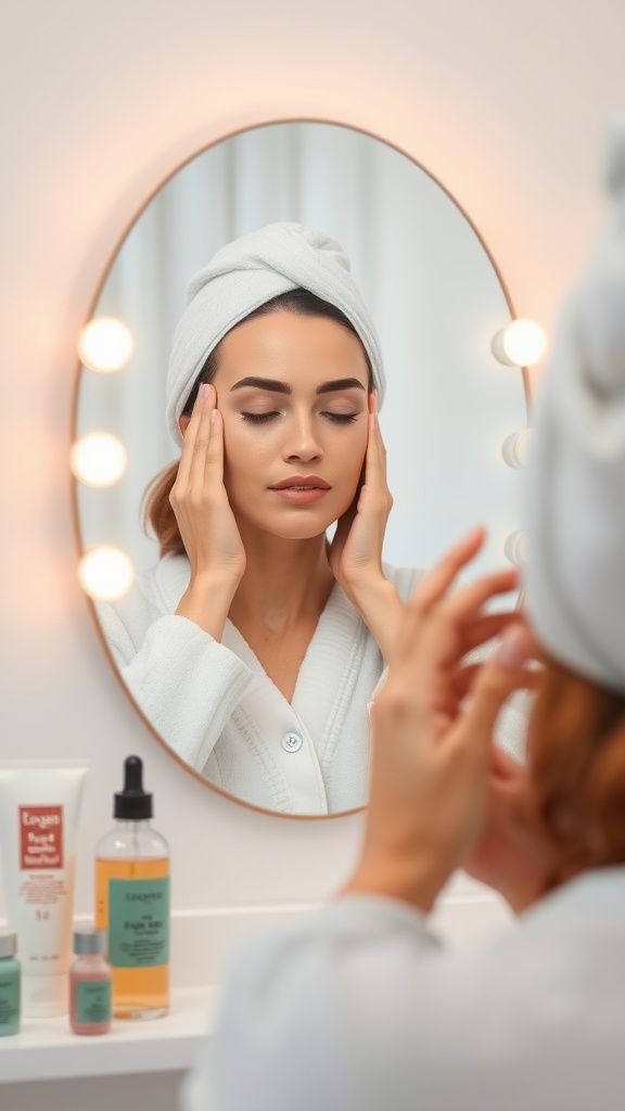 A person performing a facial massage in front of a mirror, showcasing skincare products in the background.