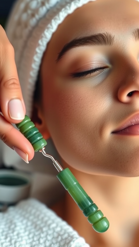 A person using a jade roller for facial massage, promoting skin circulation.
