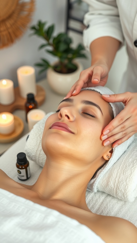 A woman receiving a facial massage in a calm setting with candles and essential oils nearby.