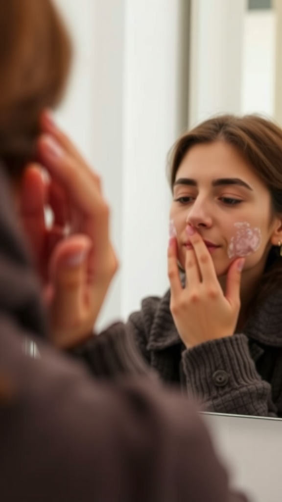 A woman applying skincare product while looking into a mirror