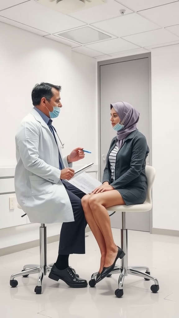 A doctor consulting with a patient about skincare in a medical office.