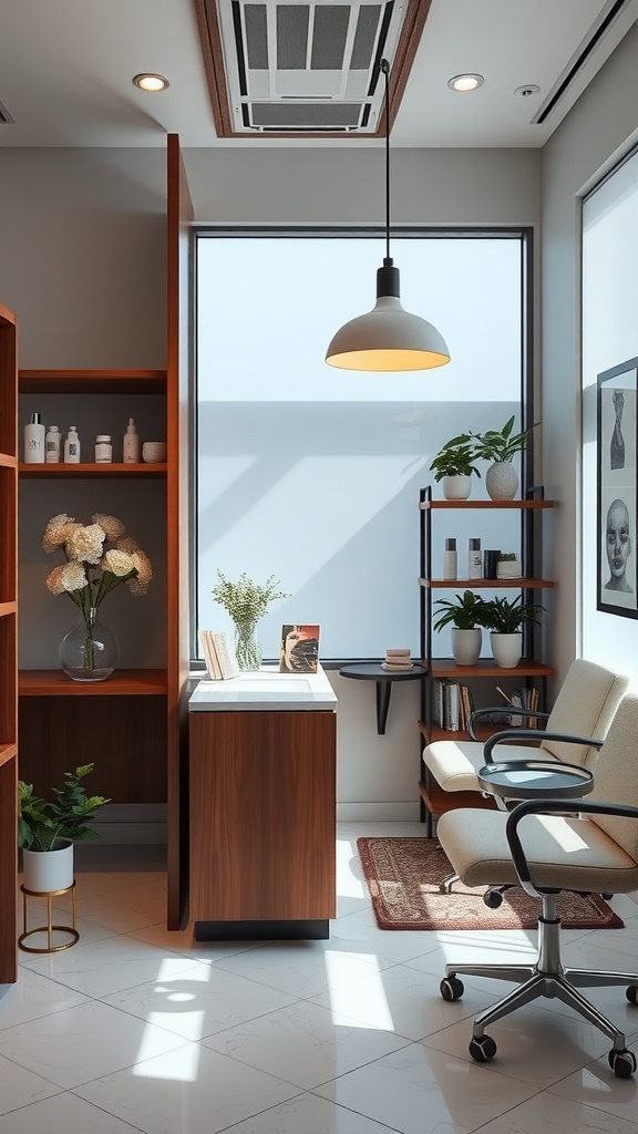 A bright and cozy skincare consultation room with plants and skincare products.