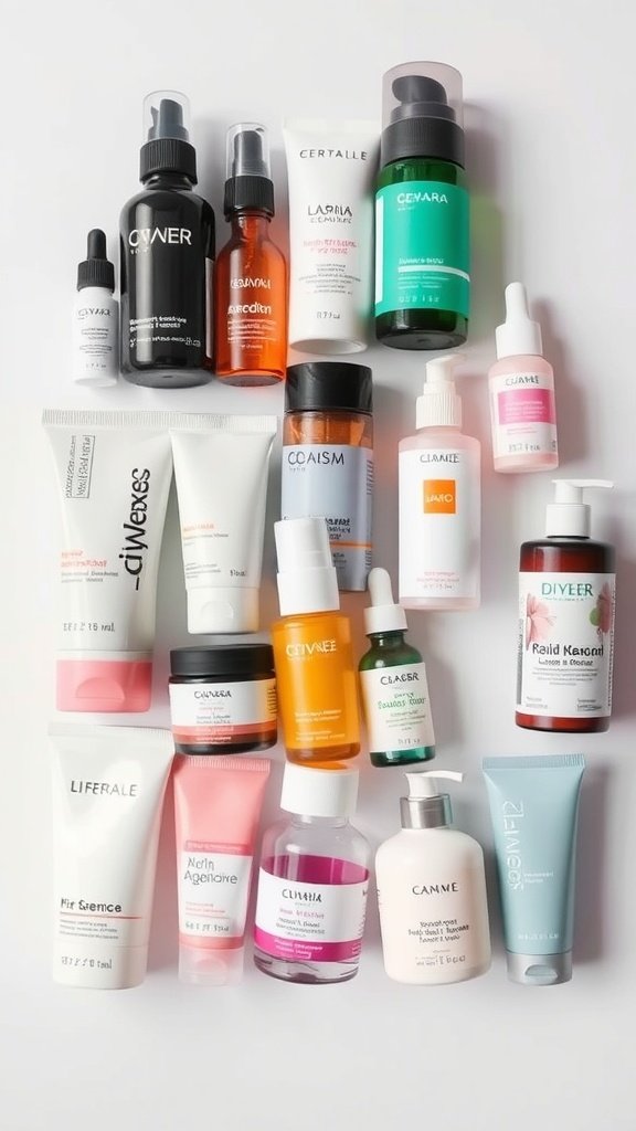 A variety of skincare products neatly arranged, including serums, moisturizers, and cleansers.