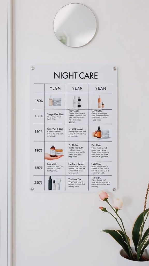 A night care chart displaying various skincare products and their recommended uses.