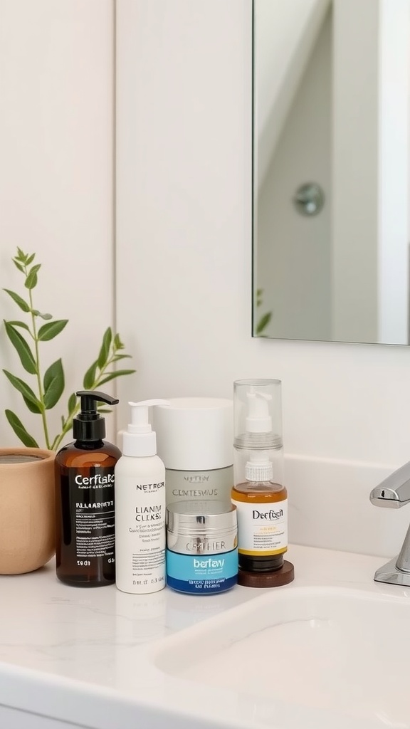 A clean bathroom counter with various affordable skincare products, including cleansers, moisturizers, and serums.