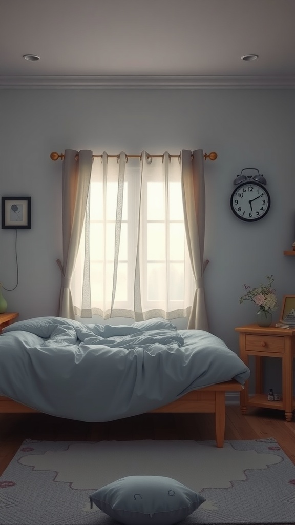 A cozy bedroom with natural light, showcasing a bed with rumpled covers and a clock on the wall.