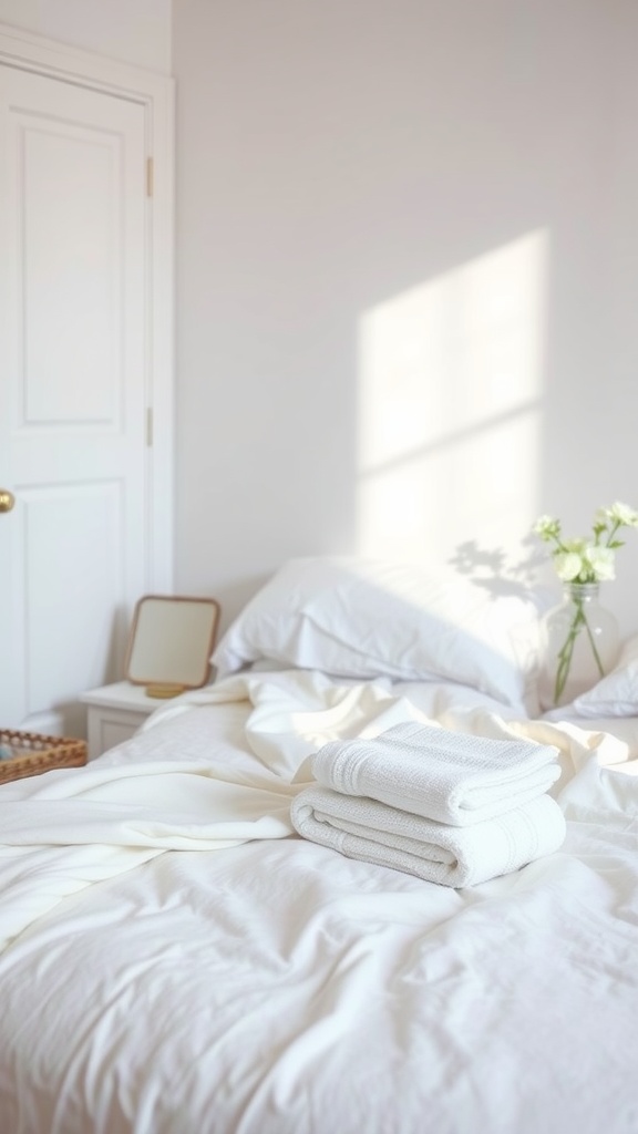 A clean and tidy bedroom with fresh towels on the bed