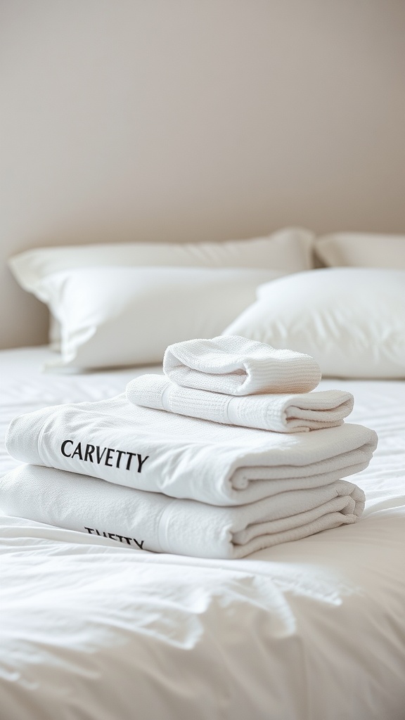 A neatly arranged pile of white towels and pillowcases on a bed