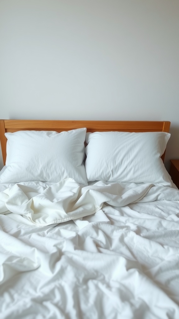 A neatly made bed with clean white pillowcases and wrinkled sheets.