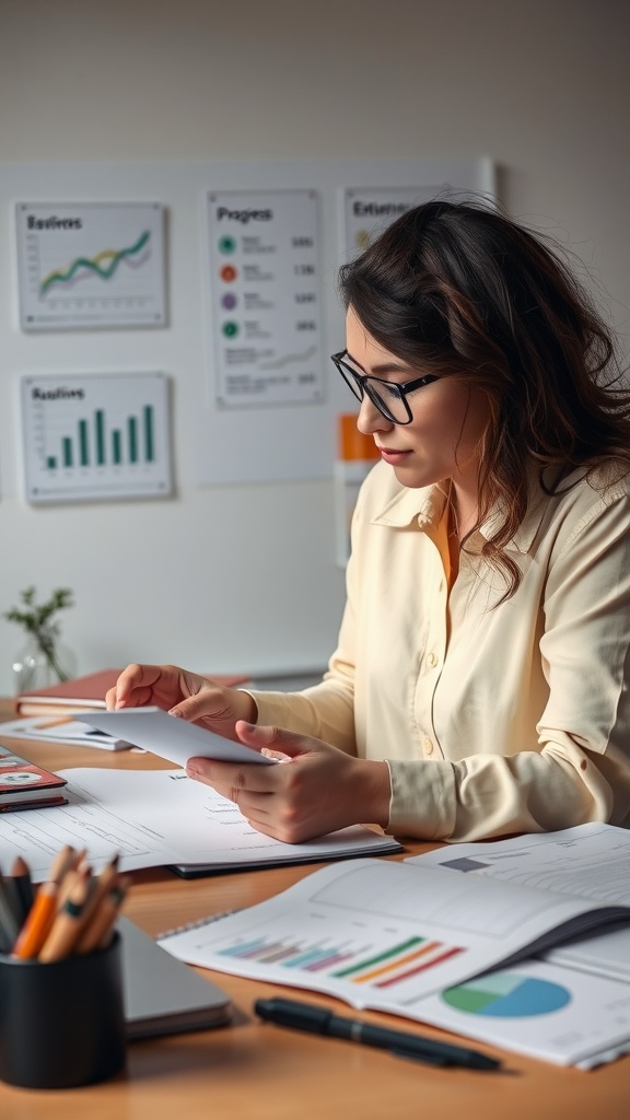 A woman reviewing documents and charts, analyzing her goals and progress.