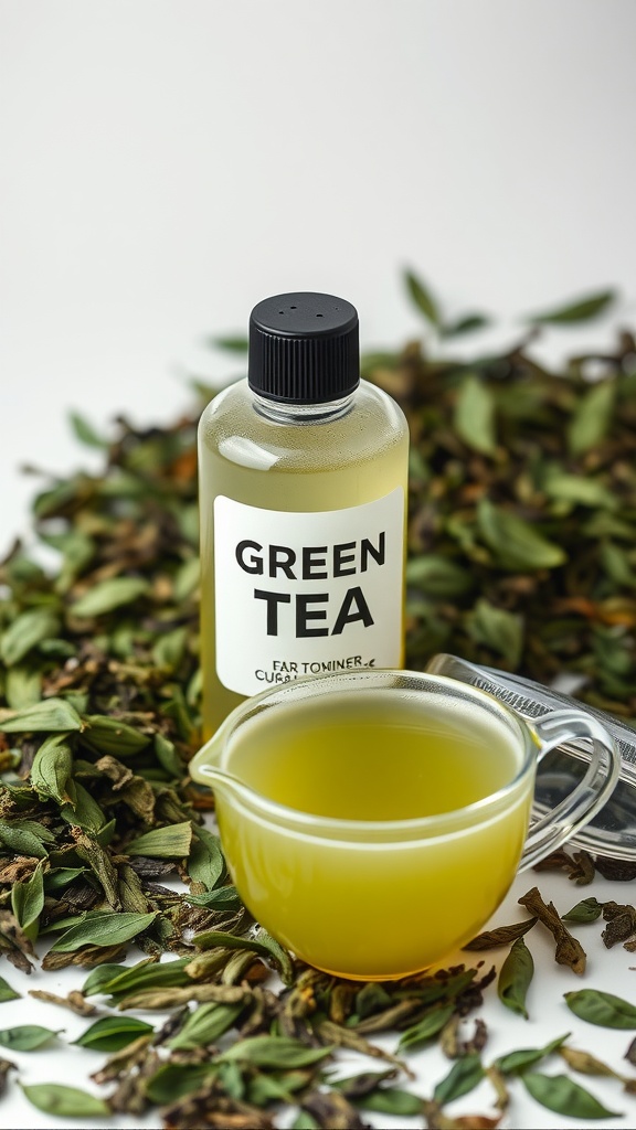 A bottle labeled 'GREEN TEA' next to a measuring cup of green tea, surrounded by loose green tea leaves.