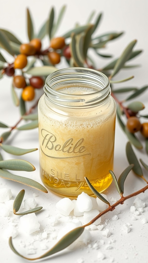 A jar of olive oil and sugar body scrub surrounded by sugar crystals and olive branches on a light background.
