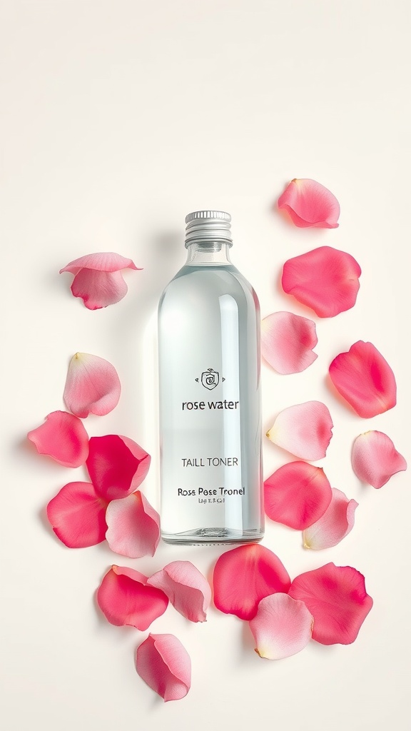 A bottle of rose water surrounded by pink rose petals on a light background.
