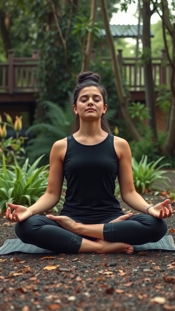 A young woman practicing meditation outdoors in a peaceful setting, focusing on relaxation and mindfulness.