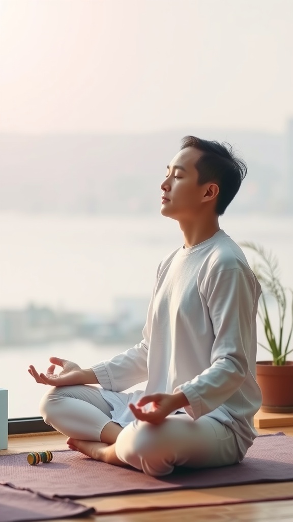 A person practicing relaxation breathing during face yoga, seated with eyes closed in a serene environment.